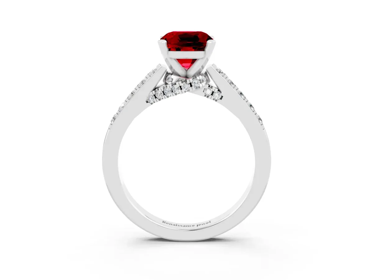 Cushion Cut Ruby Solitaire Ring with Crossover Gallery and Round Pavé Band Platinum