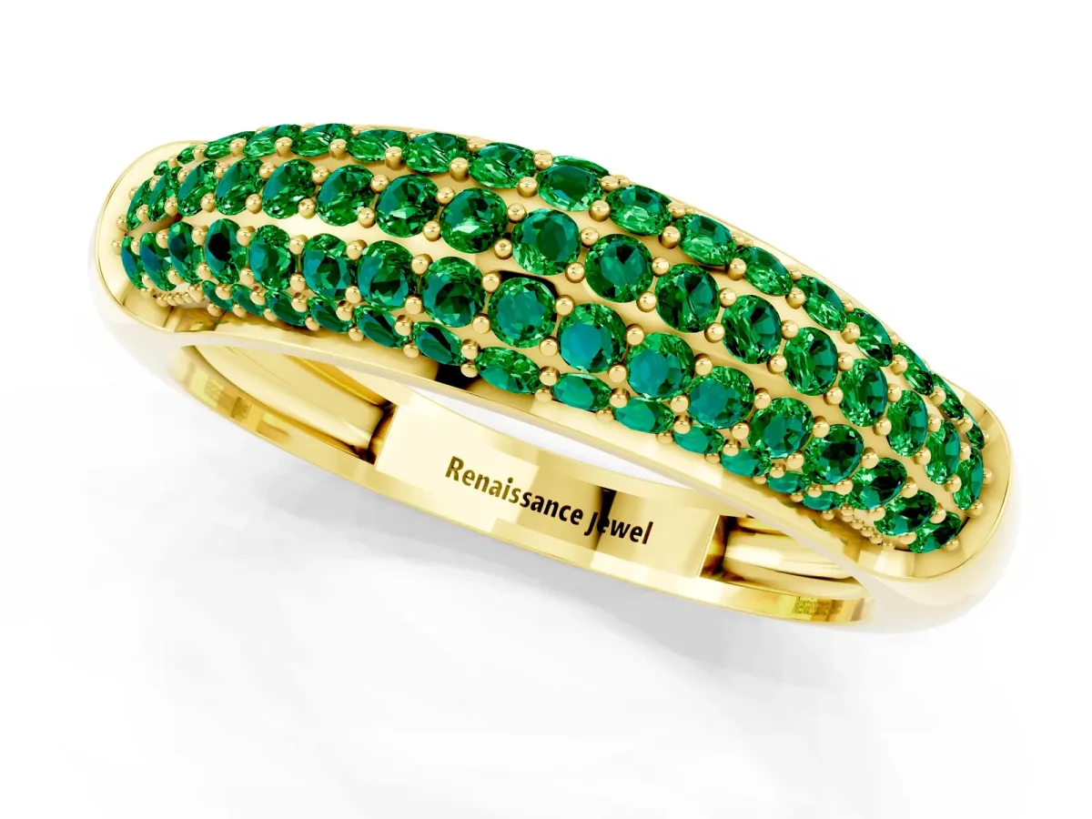 Three-Row Pavé Round Emerald Dome Band Yellow gold