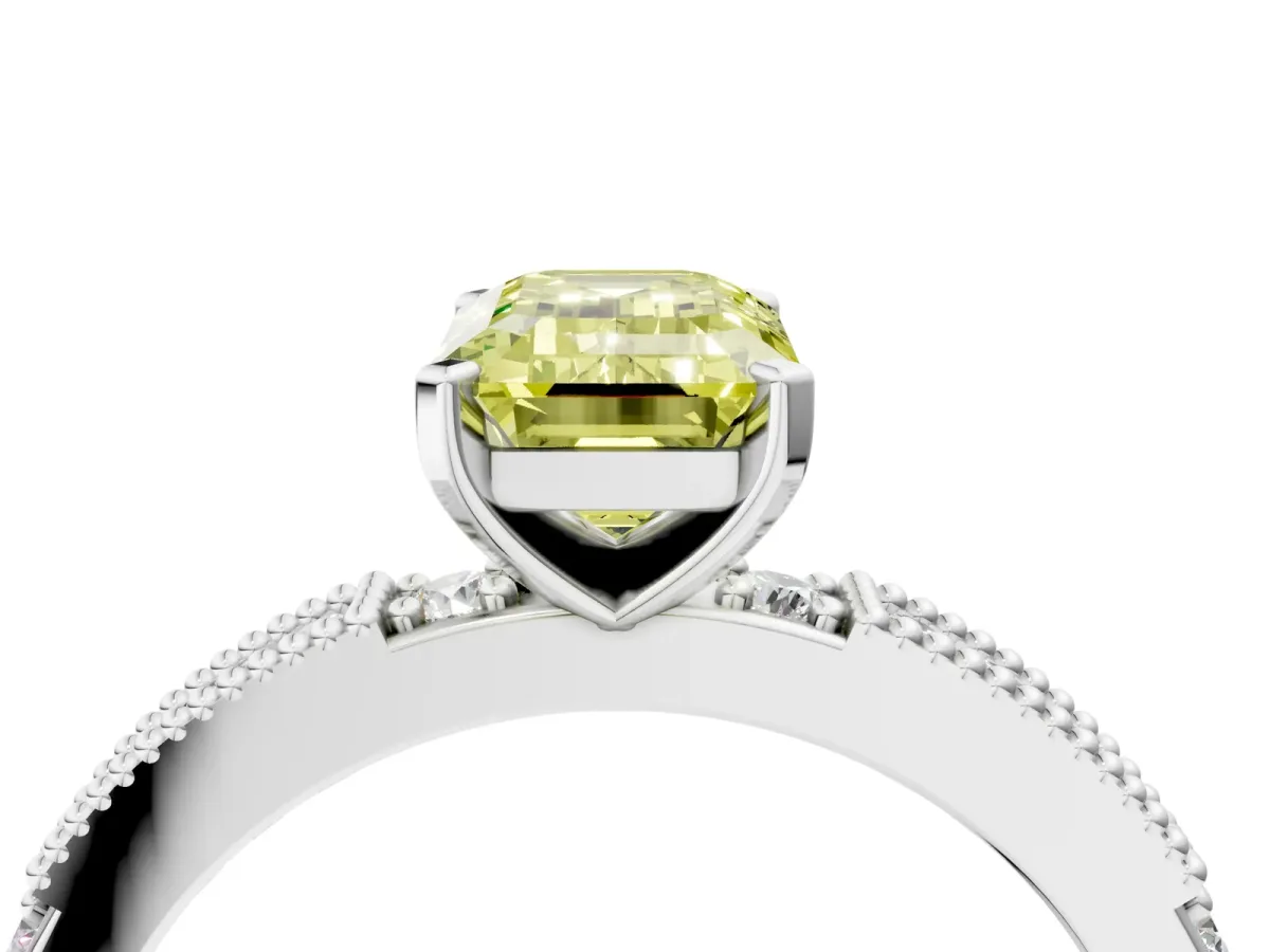 Fancy Yellow Emerald Cut Solitaire with Pavé Band and Four-Prong Setting Silver
