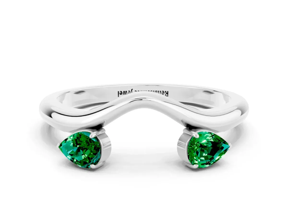 Pear Cut Emerald Two-Stone Open Band Ring with Prong Setting White gold