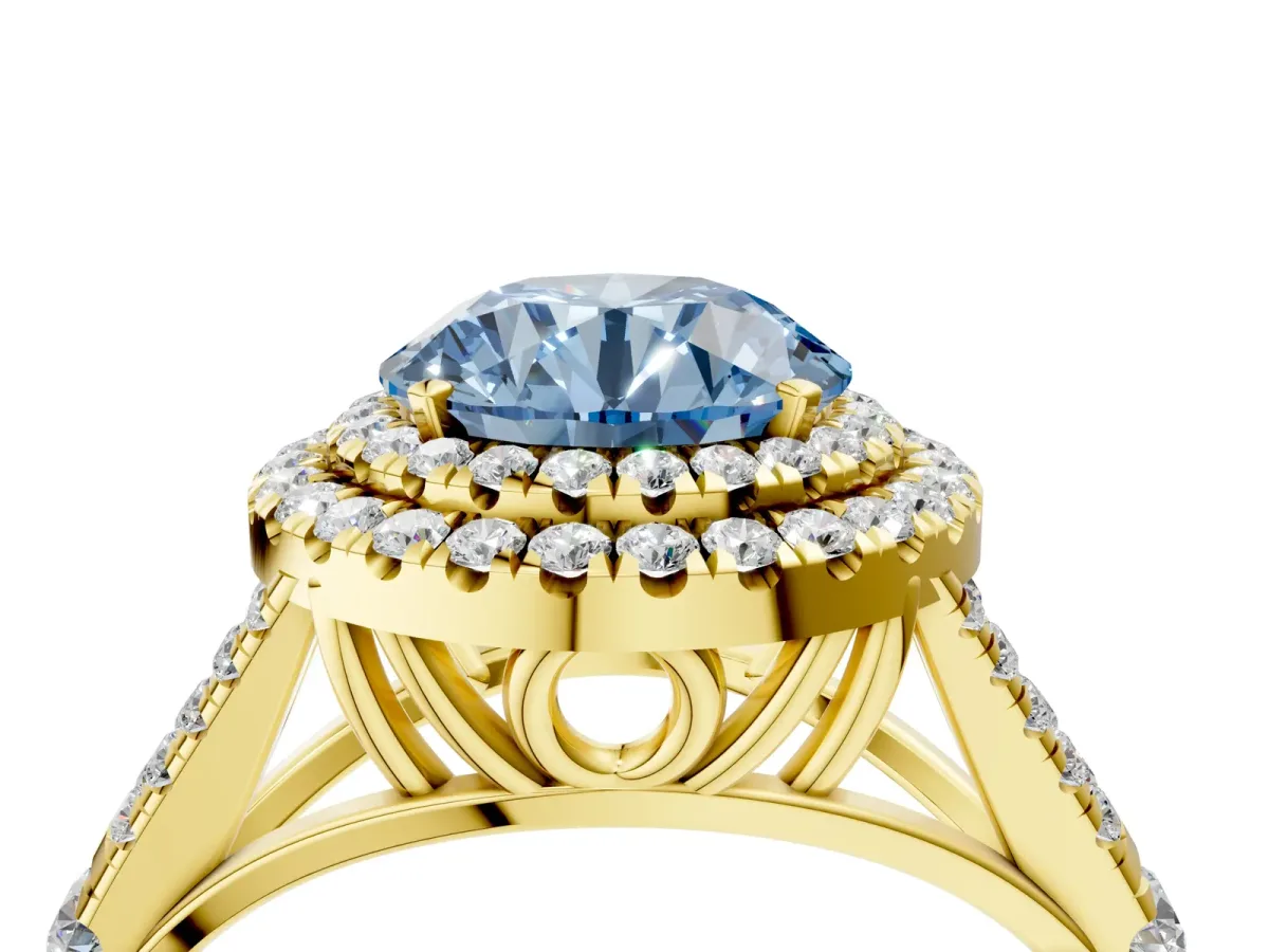 Fancy Blue Round Cut Diamond Double Halo Ring with Split Shank and Prong Setting Yellow gold