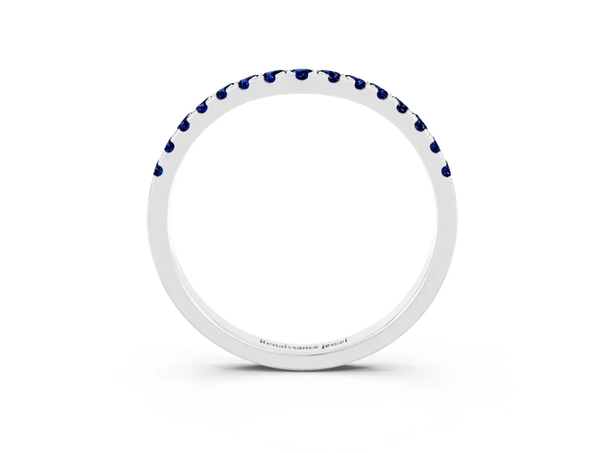 Curved Pavé Round Blue Sapphire Wedding Band with Shared Prong Setting White gold