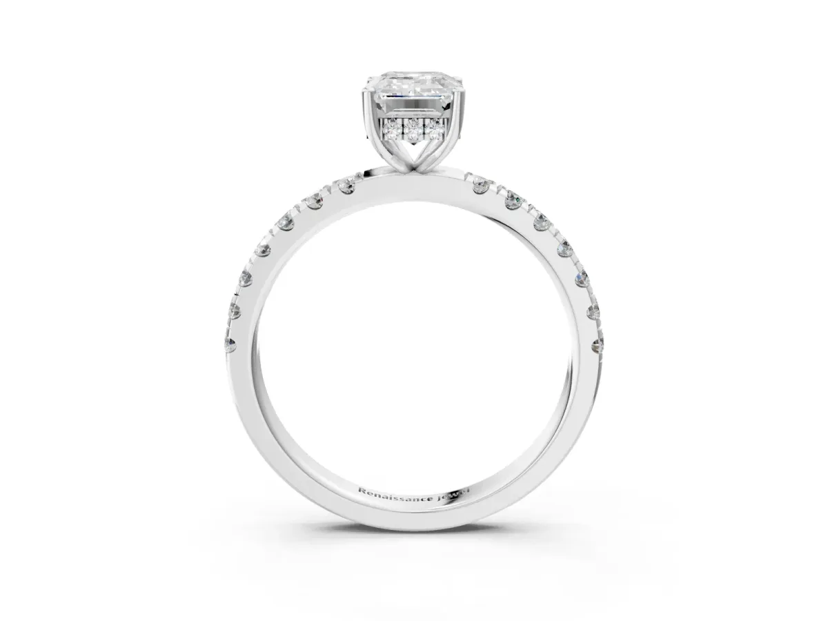 Emerald Cut Diamond Pave Band Solitaire Ring with Round and Prong Setting Platinum