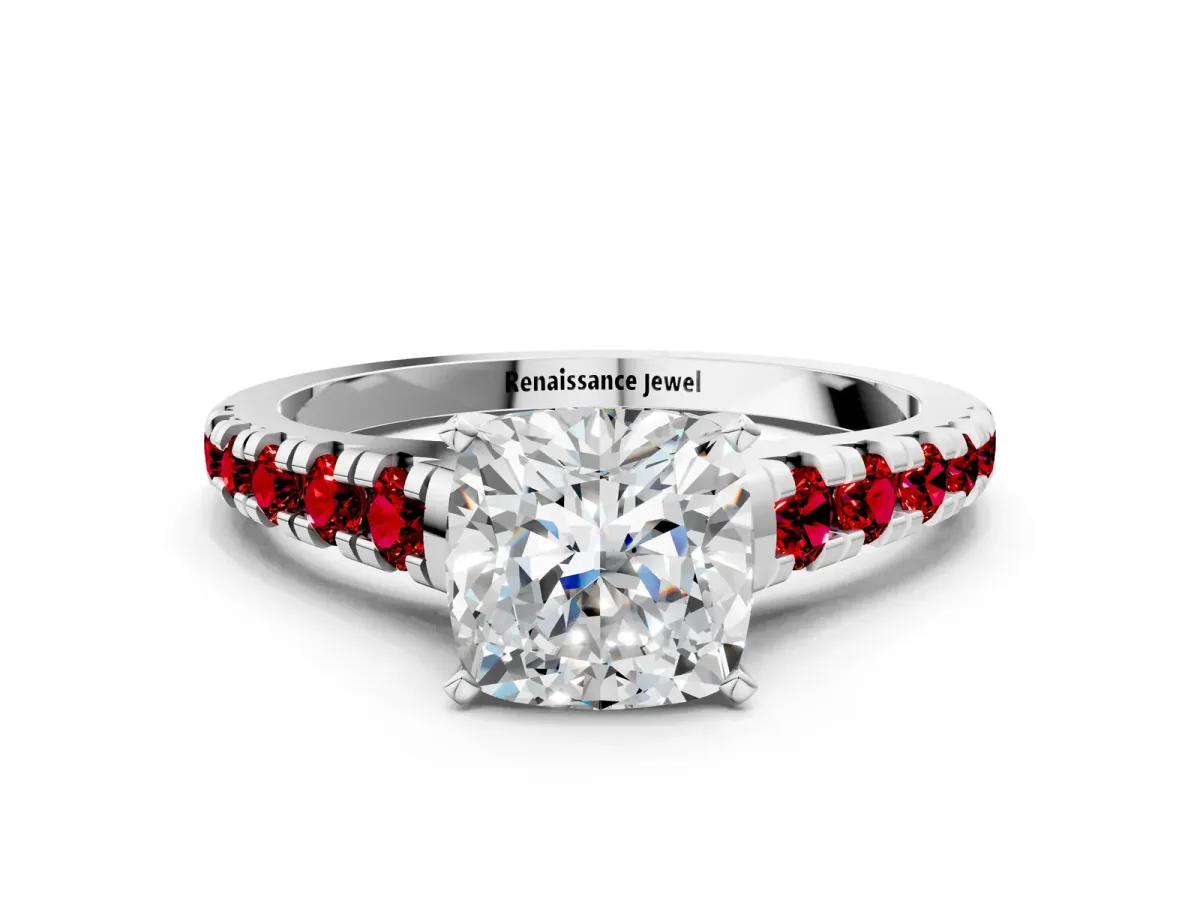 Cushion Cut Diamond Cathedral Solitaire Ring with Round Ruby Pavé Band White gold