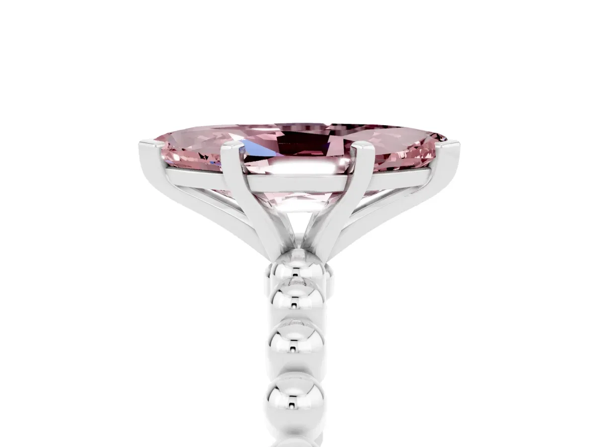 Marquise Cut Morganite Solitaire Ring with Beaded Band and Prong Setting Platinum