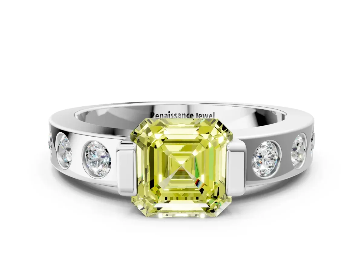Fancy Yellow Asscher Cut Brilliant Channel-Set Diamond Ring with Bezel Prong Setting Platinum