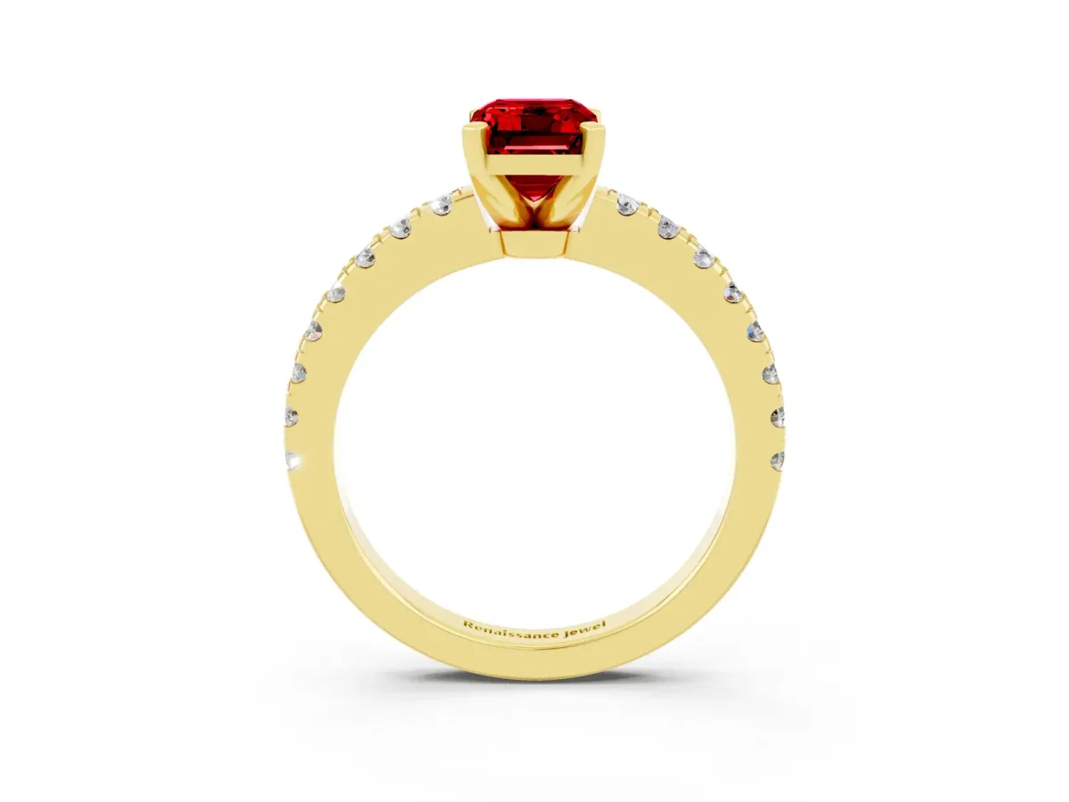 Emerald Cut Solitaire Ruby with Pavé Band and Four-Prong Setting Yellow gold