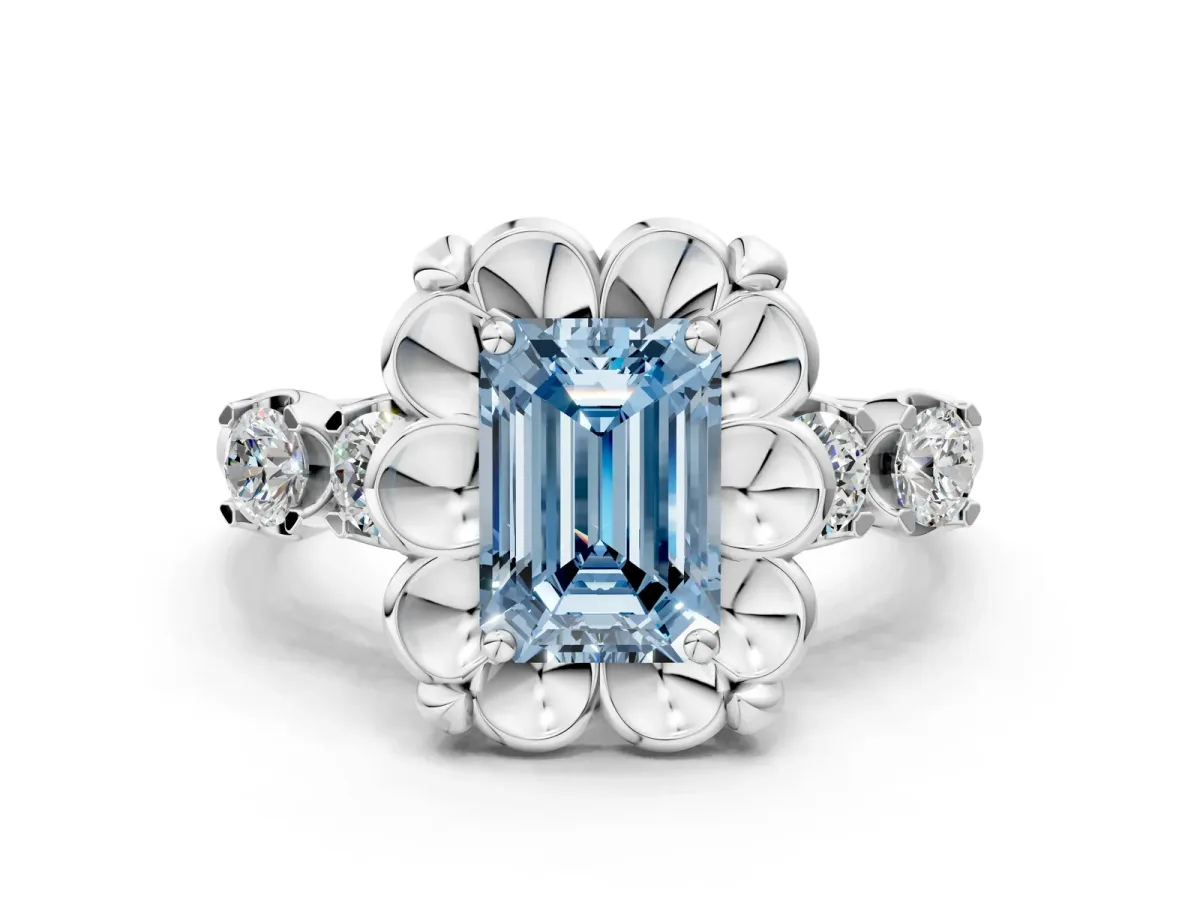 Fancy Blue Emerald Cut Cut Diamond Floral Halo Engagement Ring with Shared Prong Setting Silver