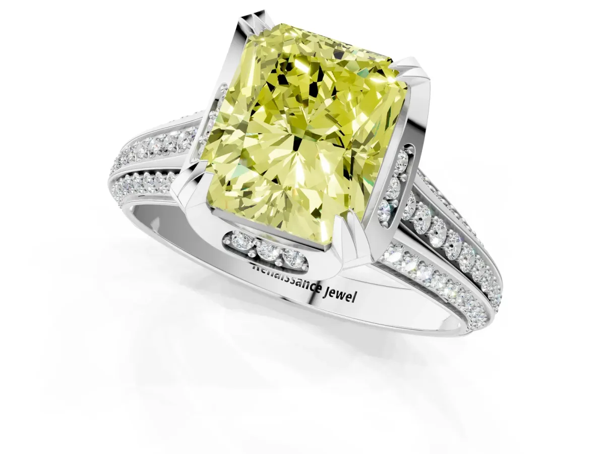 Fancy Yellow Radiant Cut Solitaire Pave Split Shank Ring with Four-Prong Setting Platinum