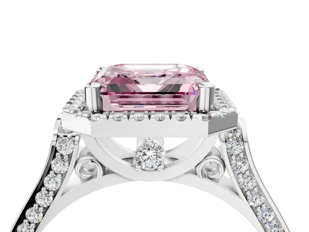 Fancy Pink Asscher Cut Halo Pave Split Shank Prong Setting Ring Platinum