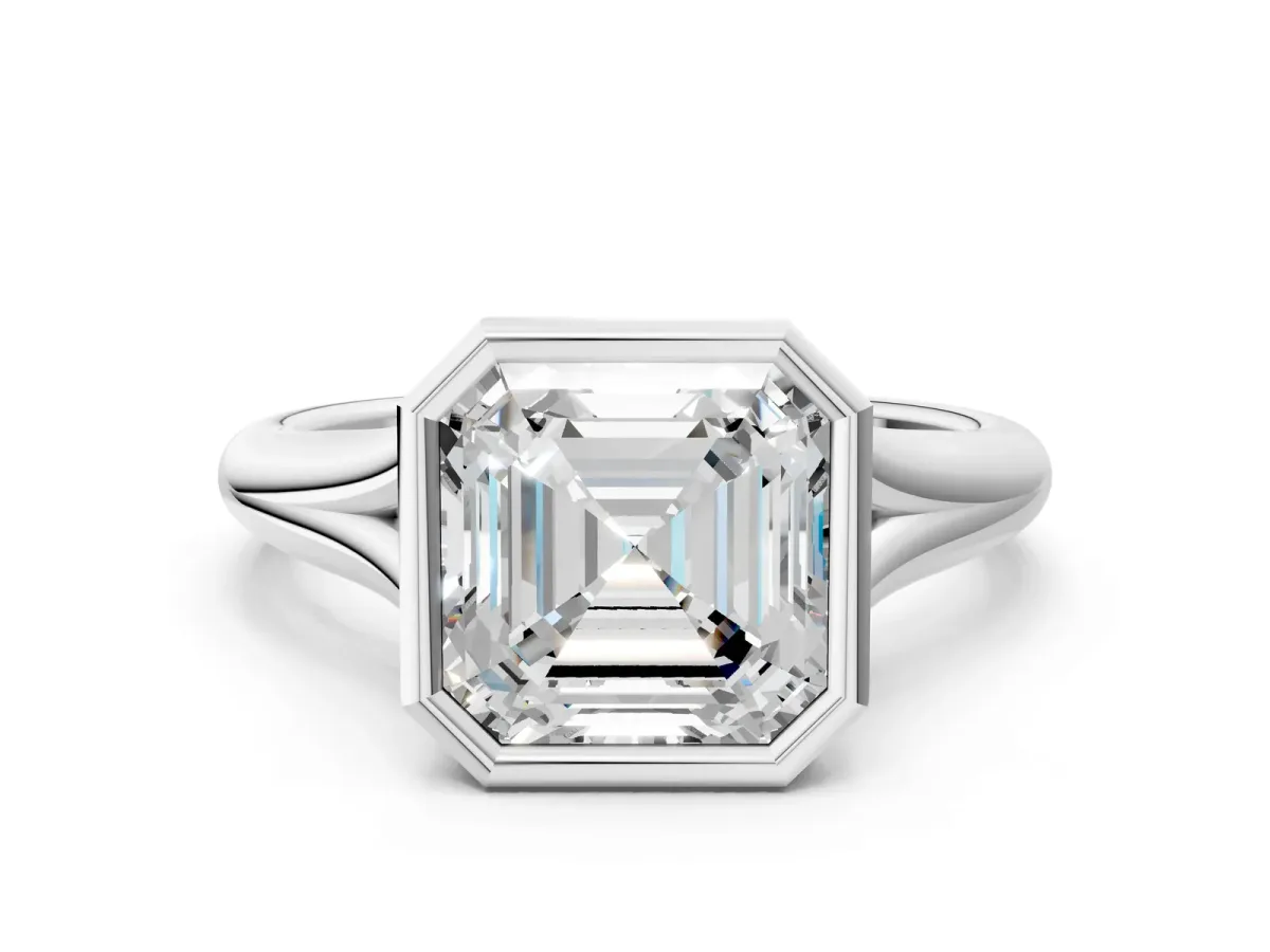 Bezel Set Asscher Cut Solitaire Diamond Ring with Smooth Band Platinum