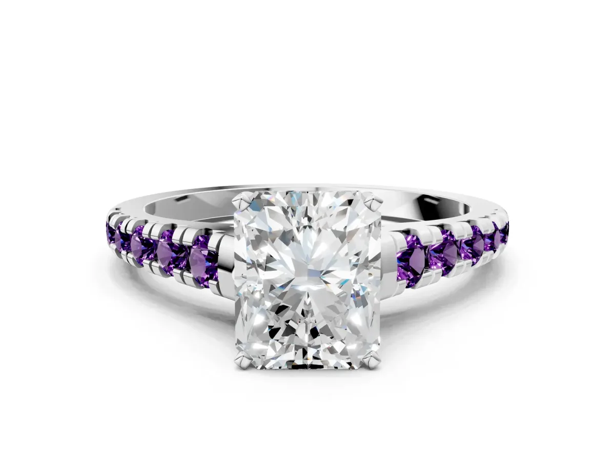 Radiant Cut Diamond Cathedral Solitaire Ring with Round Amethyst Pavé Band Silver