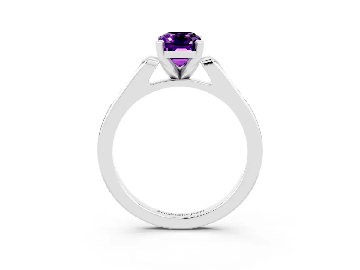 Emerald Cut Amethyst Solitaire Ring with Channel Set Round Band and Prong Setting Silver