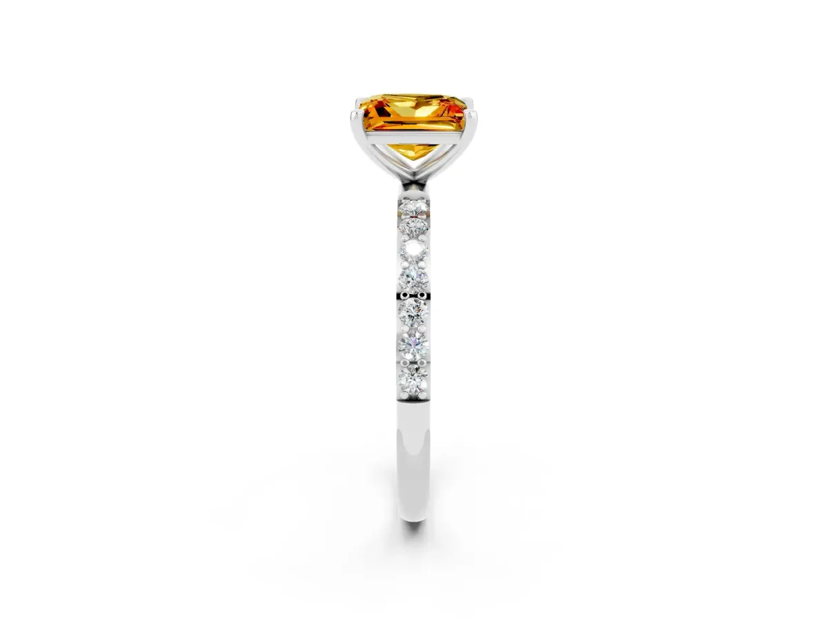 Princess Cut Citrine Solitaire Ring with Round Pavé Band and Prong Setting Silver