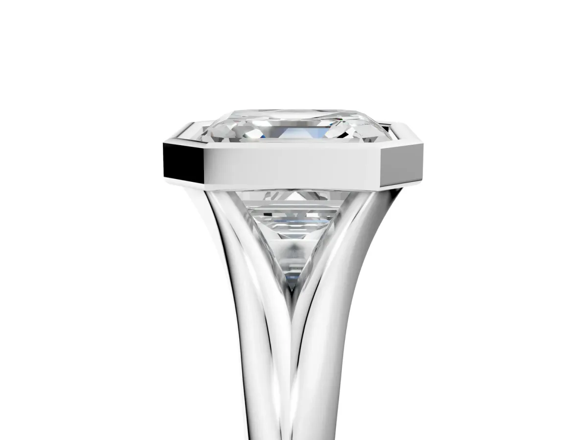 Bezel Set Asscher Cut Solitaire Diamond Ring with Smooth Band Platinum