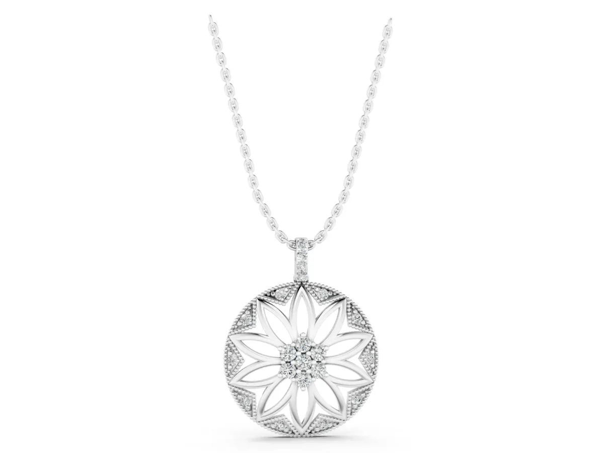 Round Diamond Cluster Flower Pendant White gold