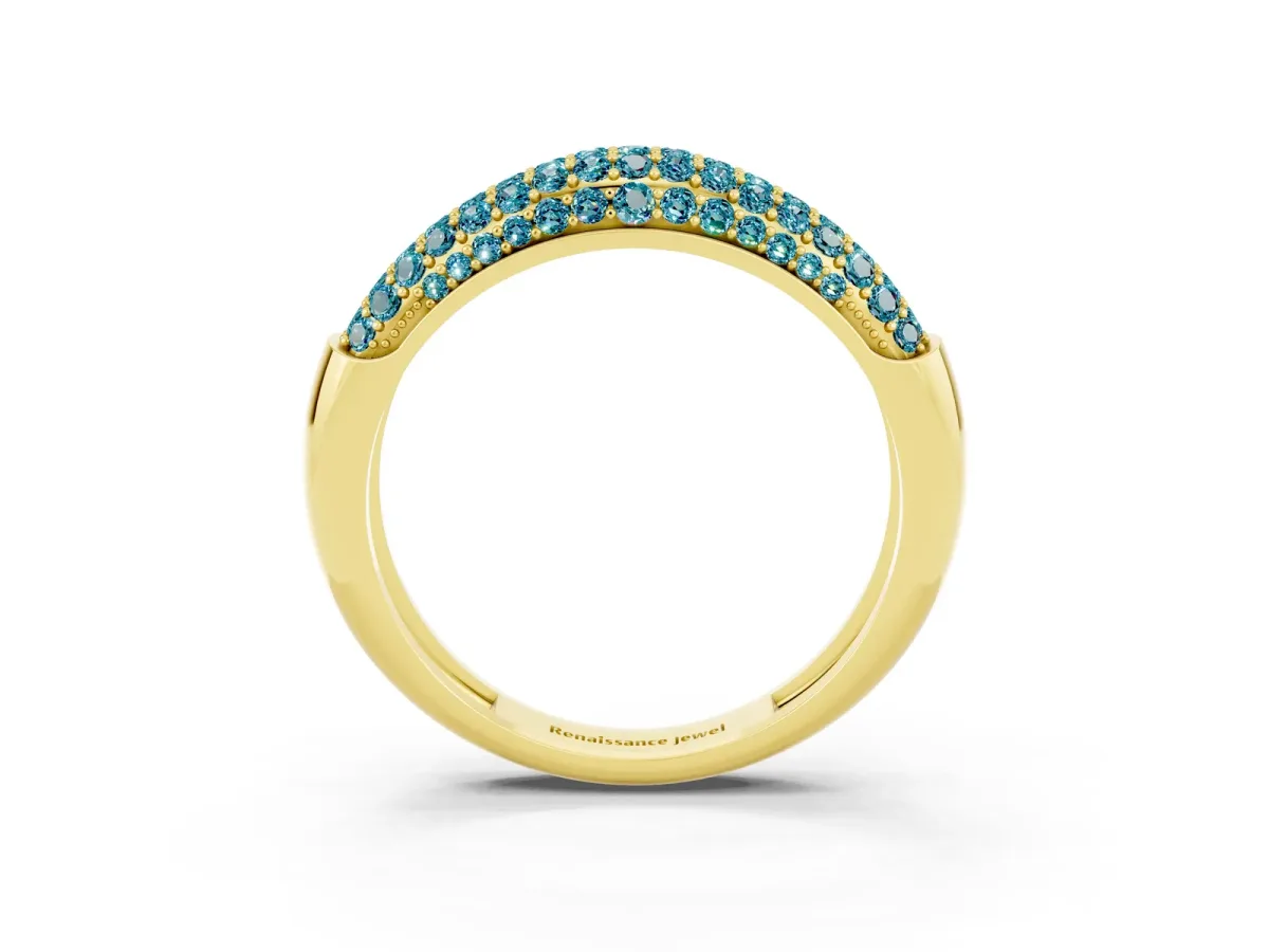 Three-Row Pavé Round Blue Topaz Dome Band Yellow gold
