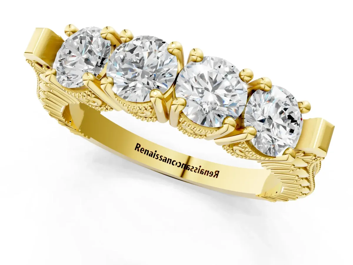Five-Stone Round Diamond Shared Prong Milgrain Band Yellow gold