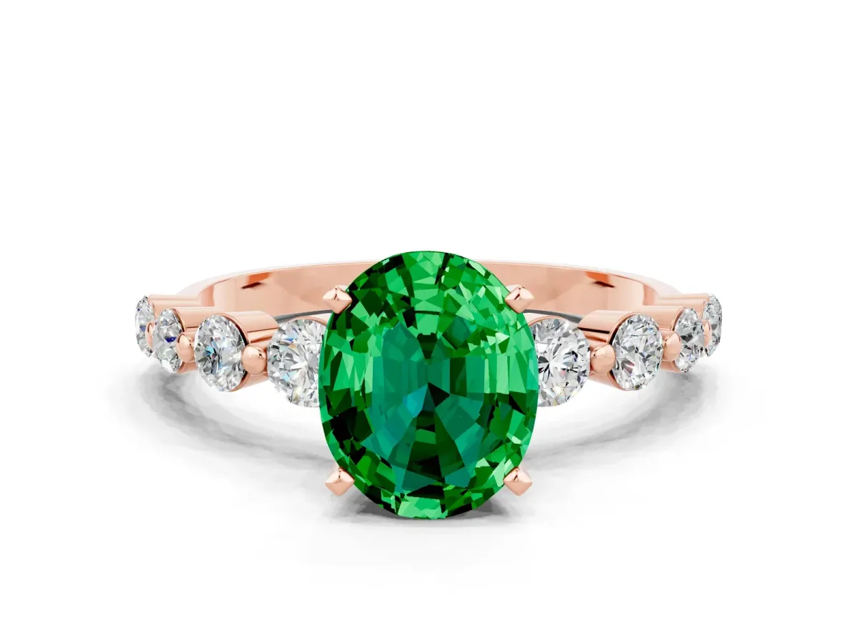 Oval Cut Solitaire Emerald Ring with Pave Band and Four-Prong Setting Rose gold