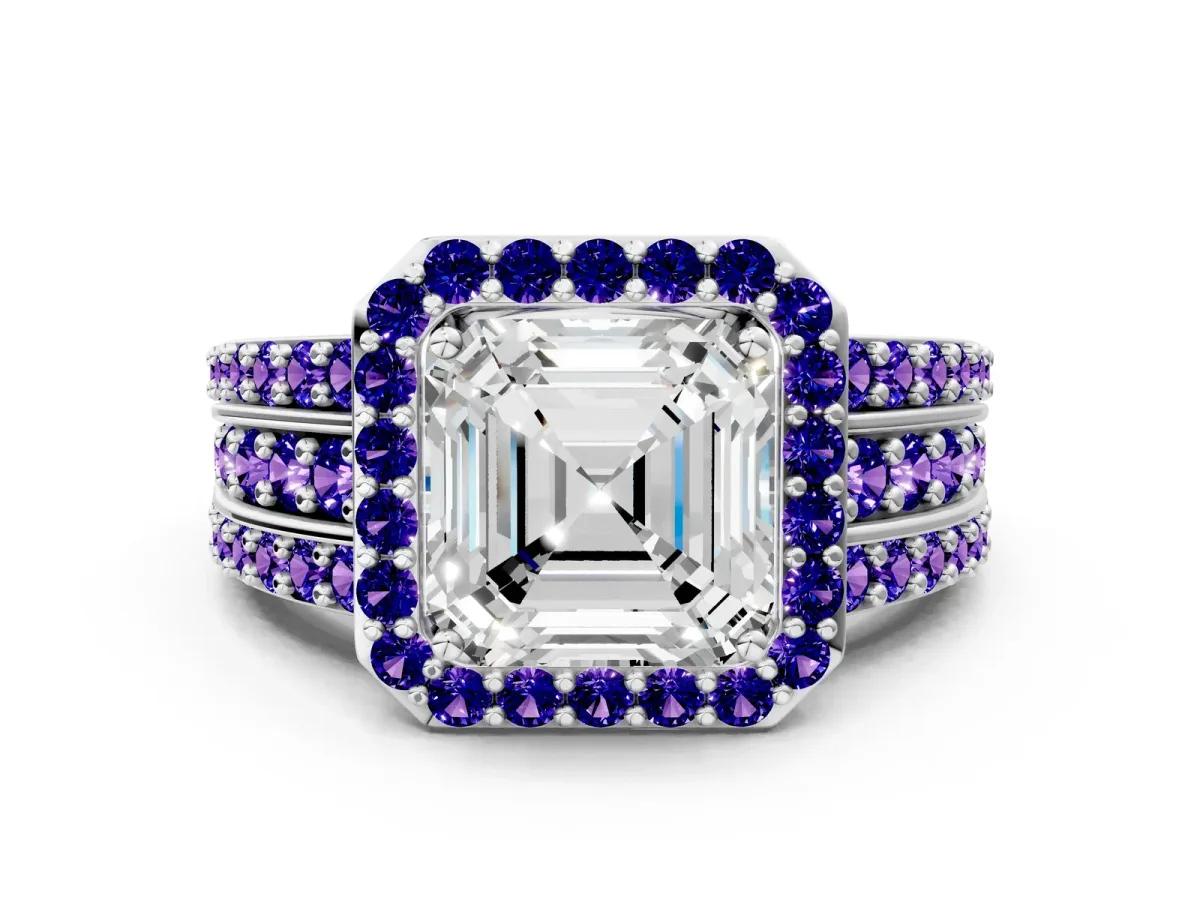 Asscher Cut Halo Diamond Ring with Round Tanzanite Split Shank and Prong Setting Platinum