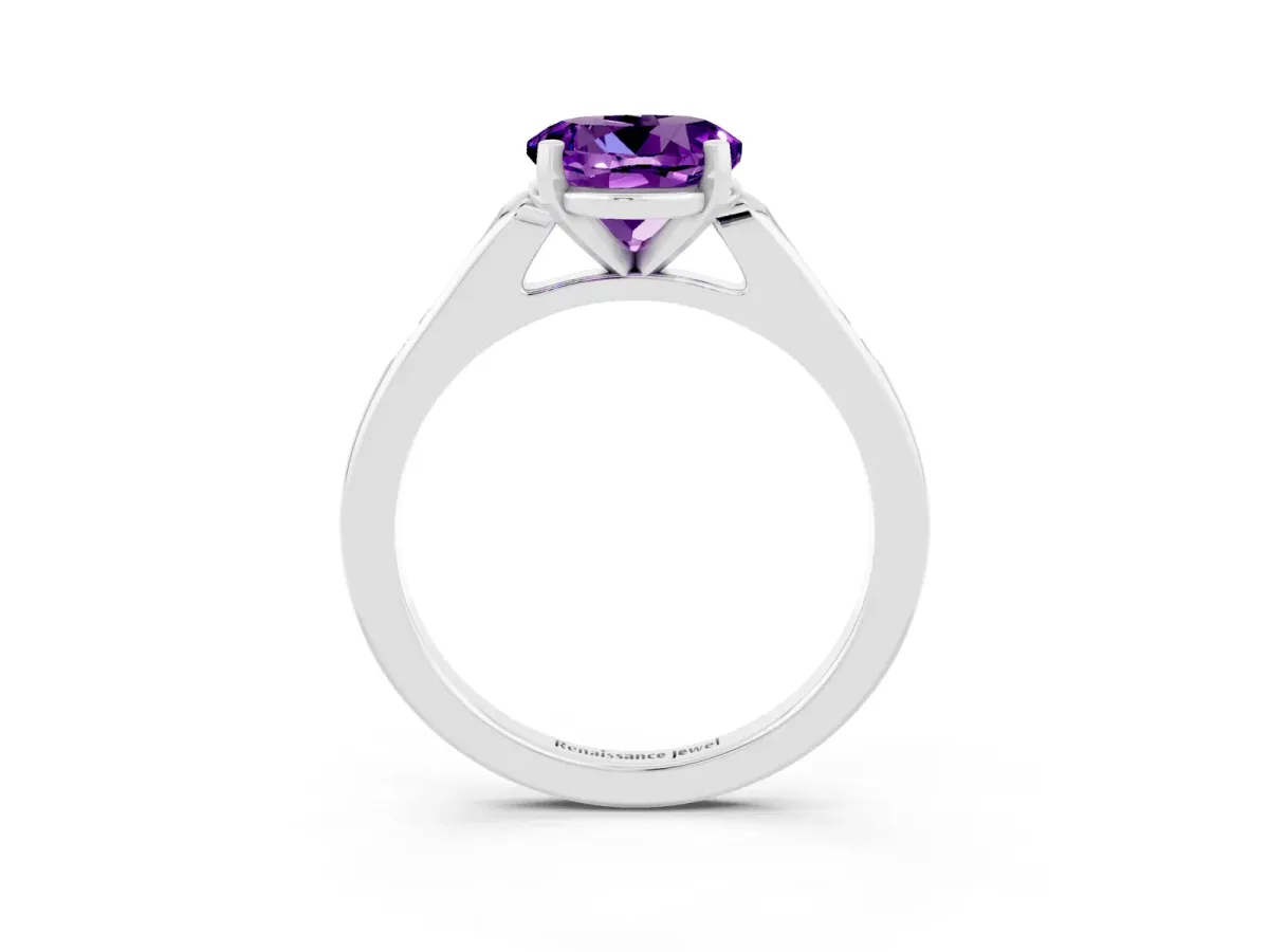 Round Cut Amethyst Solitaire Ring with Channel Set Round Band and Prong Setting Platinum