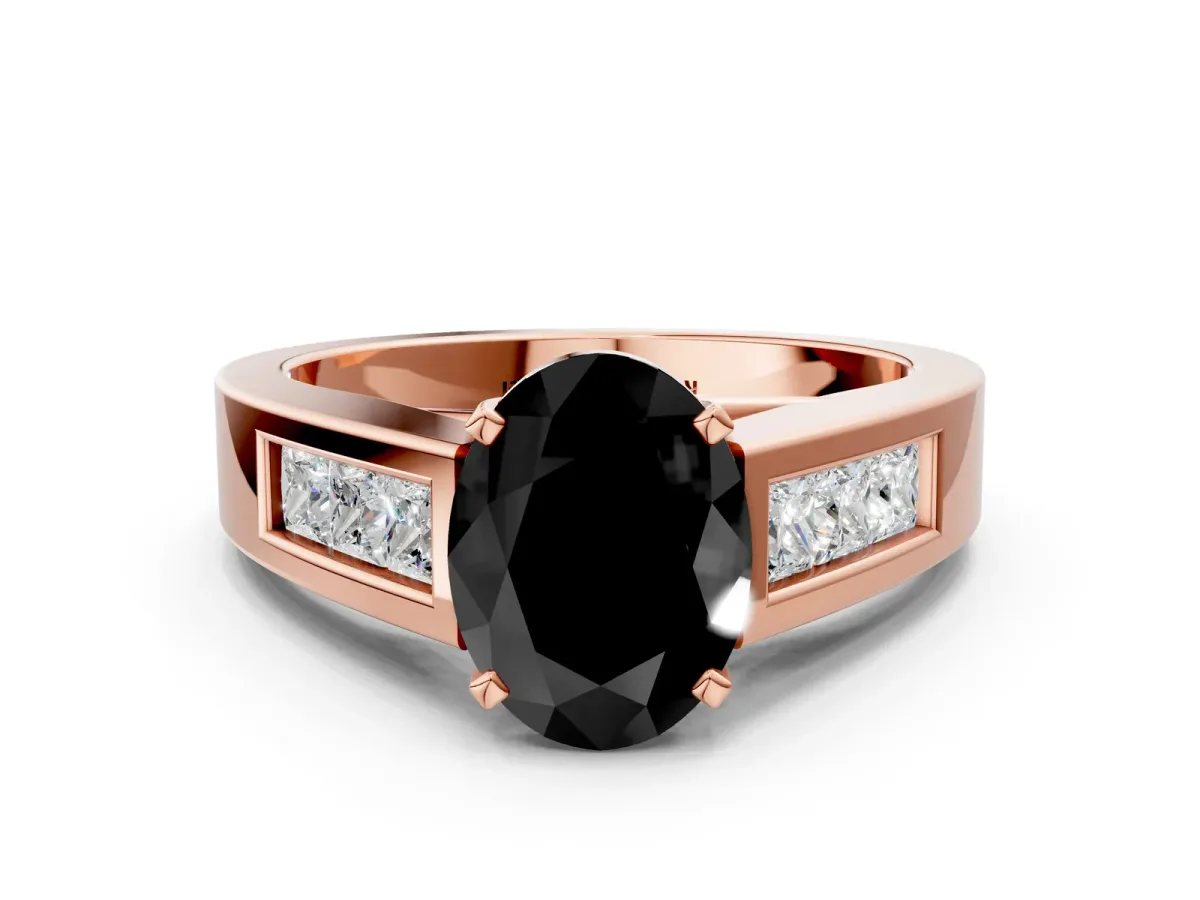 Fancy Black Oval Cut Cut Channel Set Solitaire Ring with Four-Prong Setting Rose gold