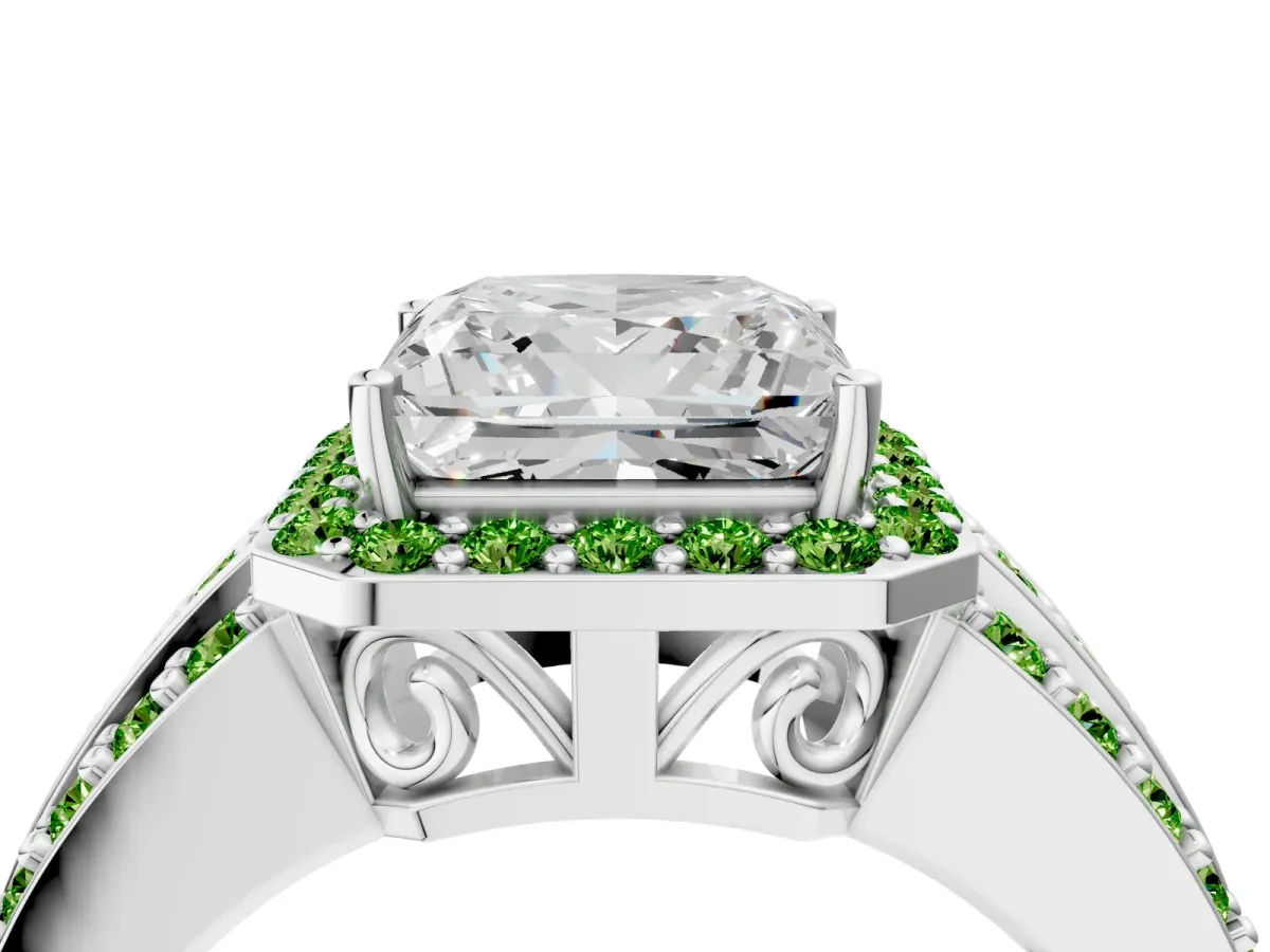Princess Cut Halo Diamond Ring with Round Peridot Split Shank and Prong Setting Silver