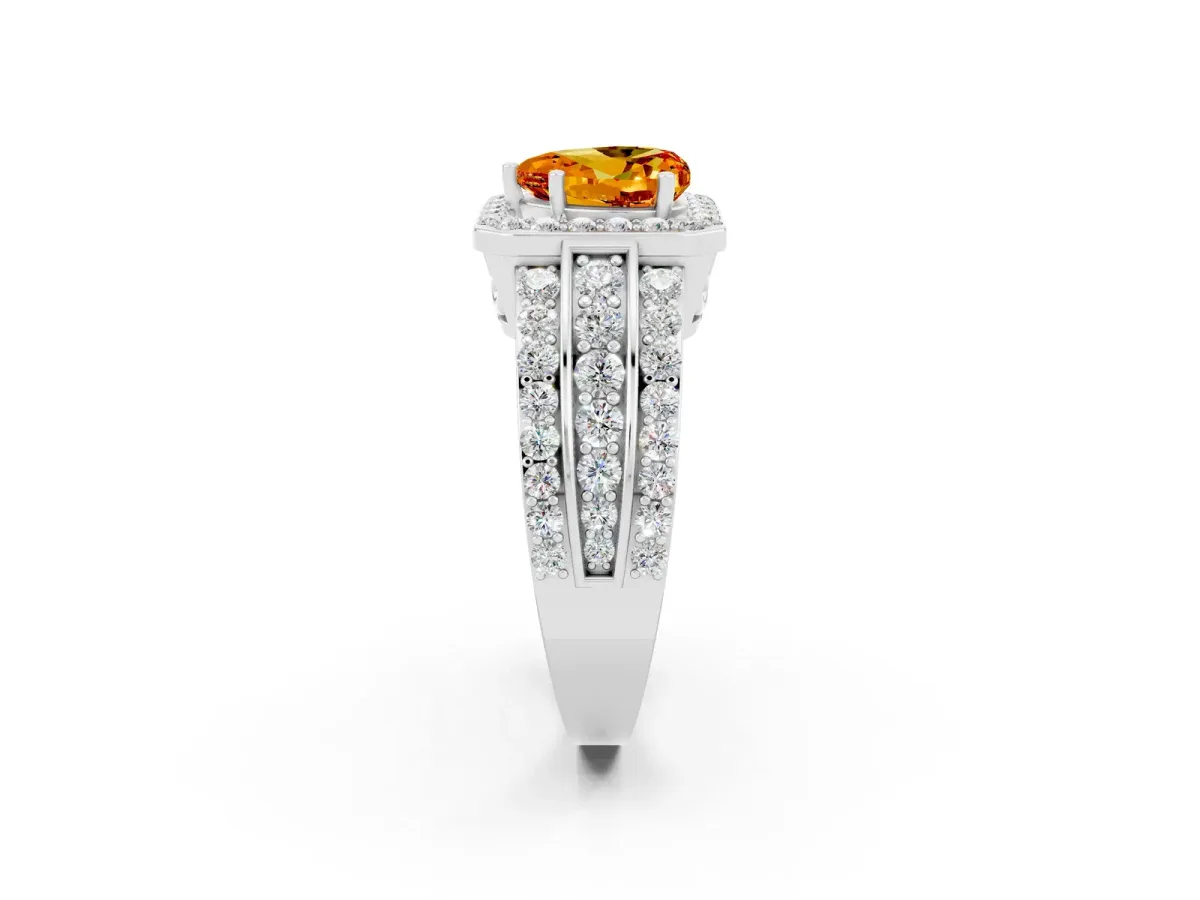 Heart Cut Halo Citrine Ring with Round Split Shank and Prong Setting Platinum