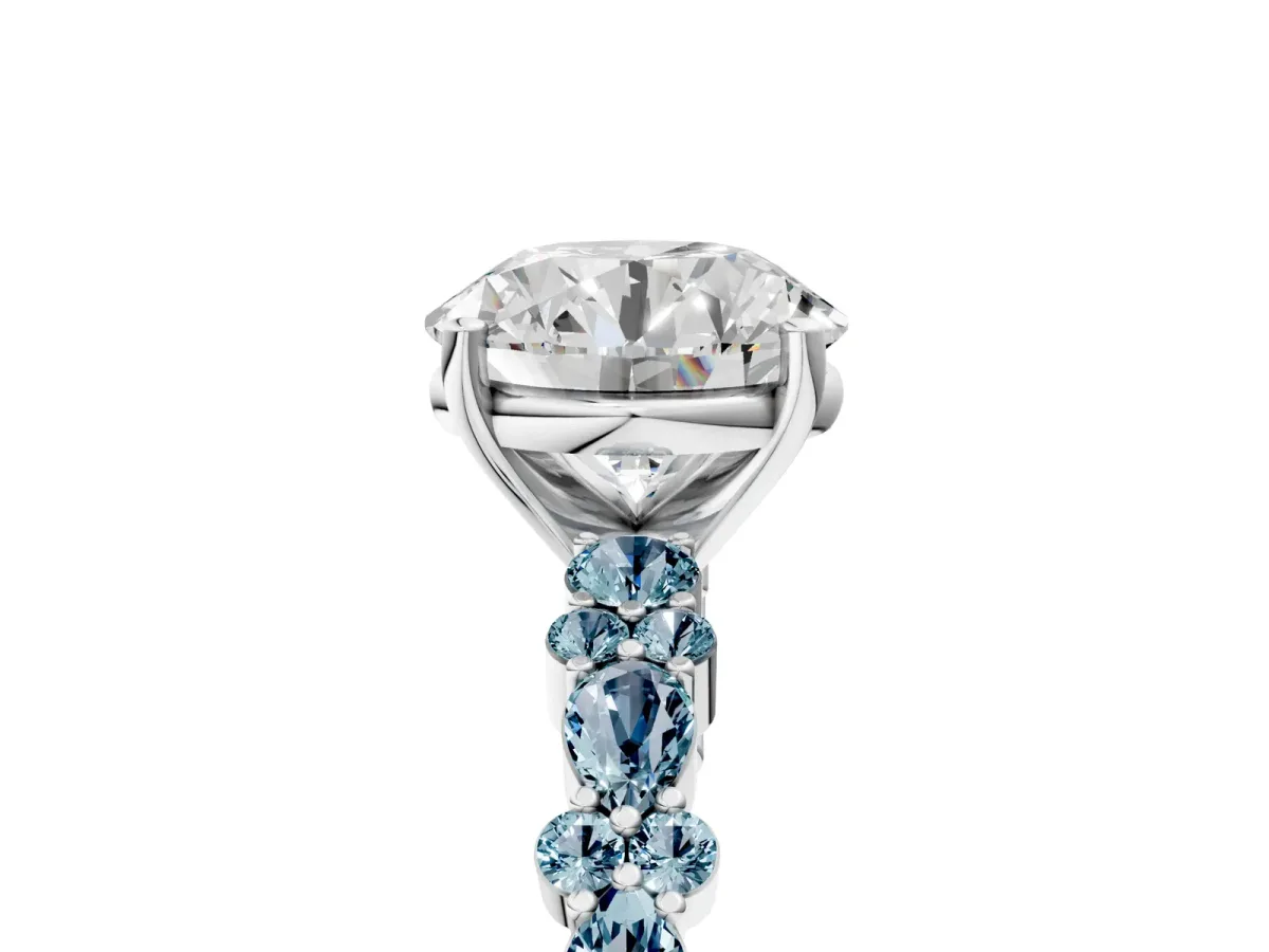 Round Cut Diamond Side Stone Solitaire Ring with Round Aquamarine and Four-Prong Setting Silver