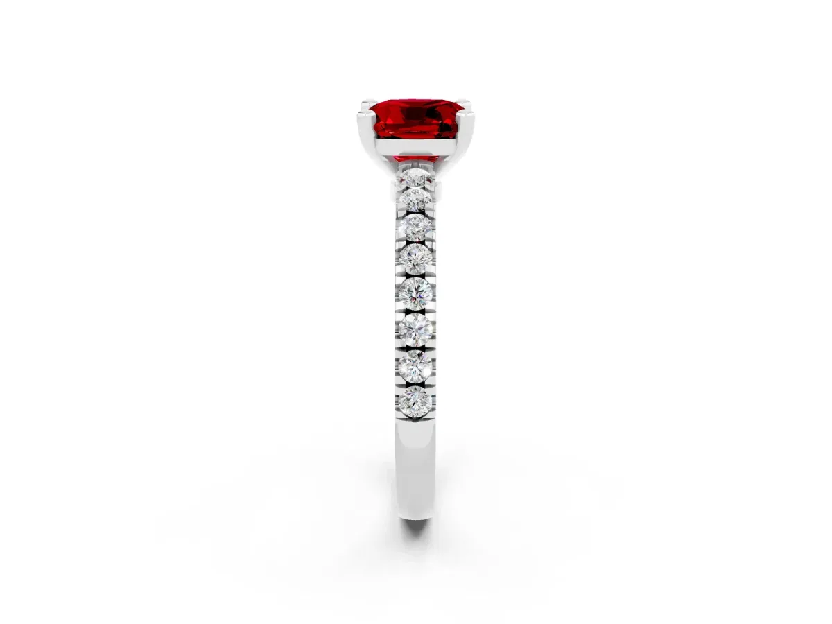 Cushion Cut Solitaire Ruby with Pavé Band and Four-Prong Setting Platinum