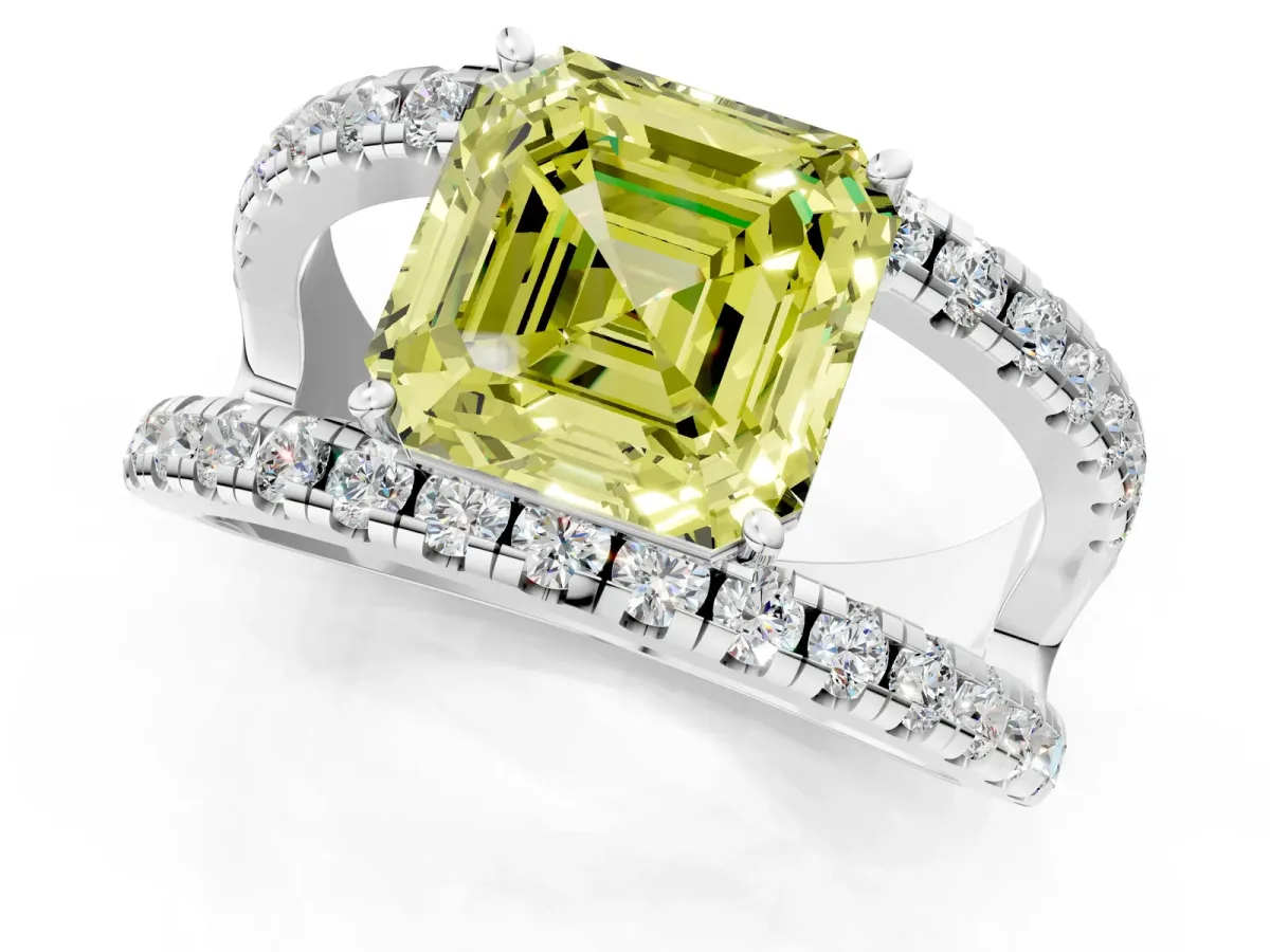 Fancy Yellow Asscher Cut Solitaire Split Shank Pave Diamond Ring Platinum