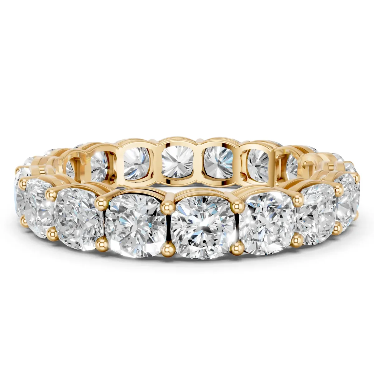 Cushion Cut Eternity Band with Shared Prong Setting Yellow gold