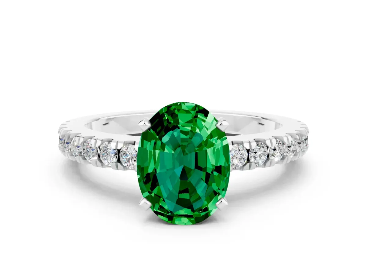 Oval Cut Solitaire Emerald with Pavé Band and Four-Prong Setting White gold