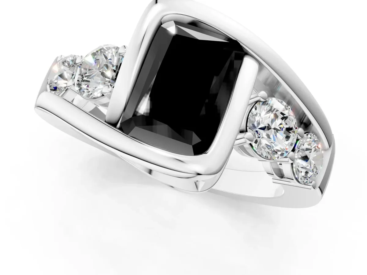 Fancy Black Bezel Set Radiant Cut Diamond Bypass Ring with Round Accents Platinum