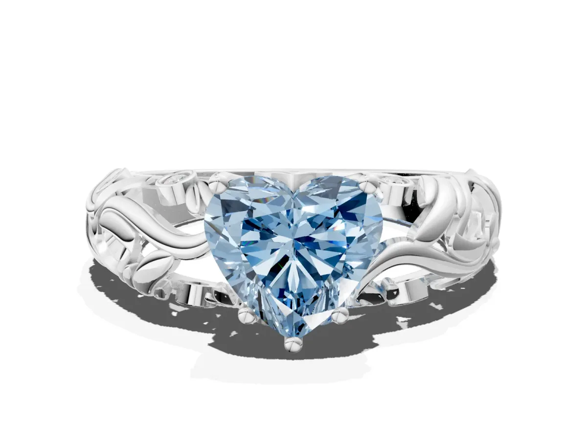 Fancy Blue Heart Cut Solitaire Diamond Leaf-Inspired Vine Band Ring with Prong Setting Platinum