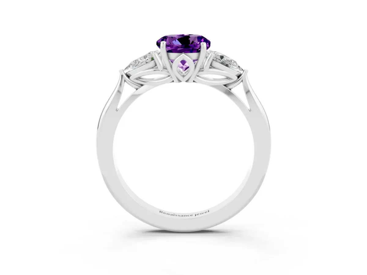 Three-Stone Round Cut Amethyst Ring with Pear Side Stones in Four-Prong Setting Platinum