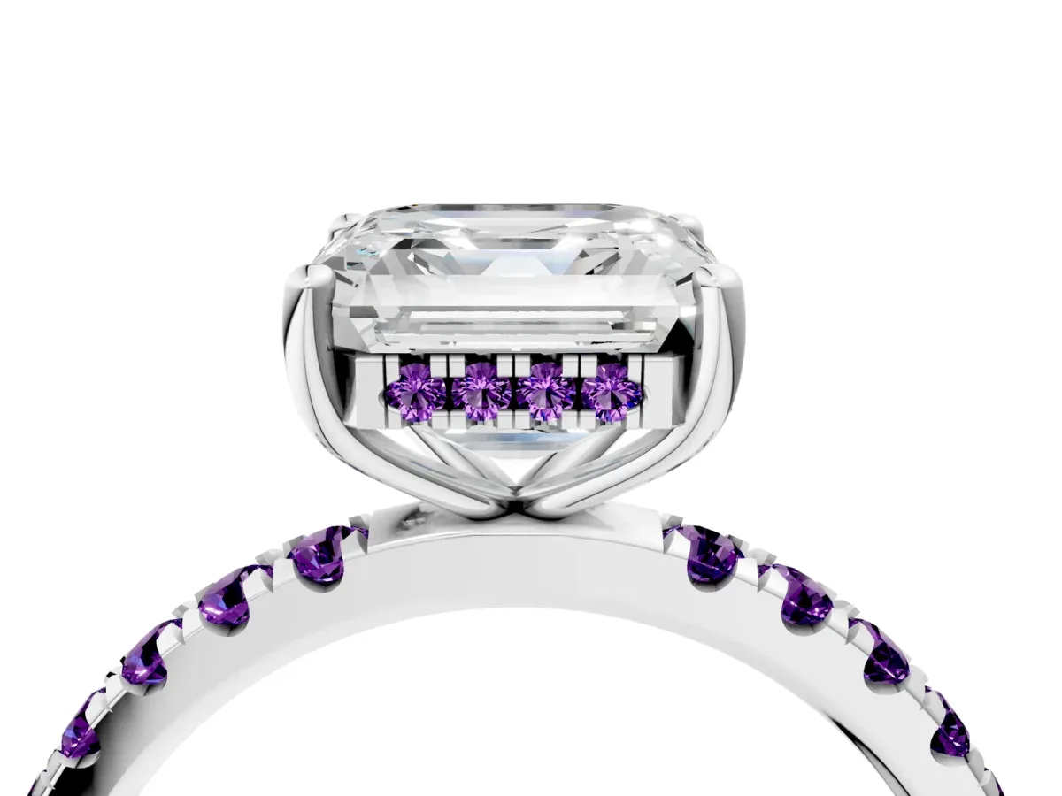 Asscher Cut Diamond Pave Band Solitaire Ring with Round Amethyst and Prong Setting Platinum