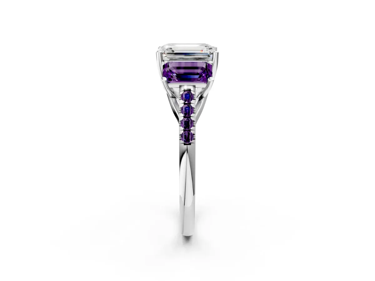 Three-Stone Emerald Cut Diamond Ring with Round Amethyst Pavé Band and Prong Setting Platinum