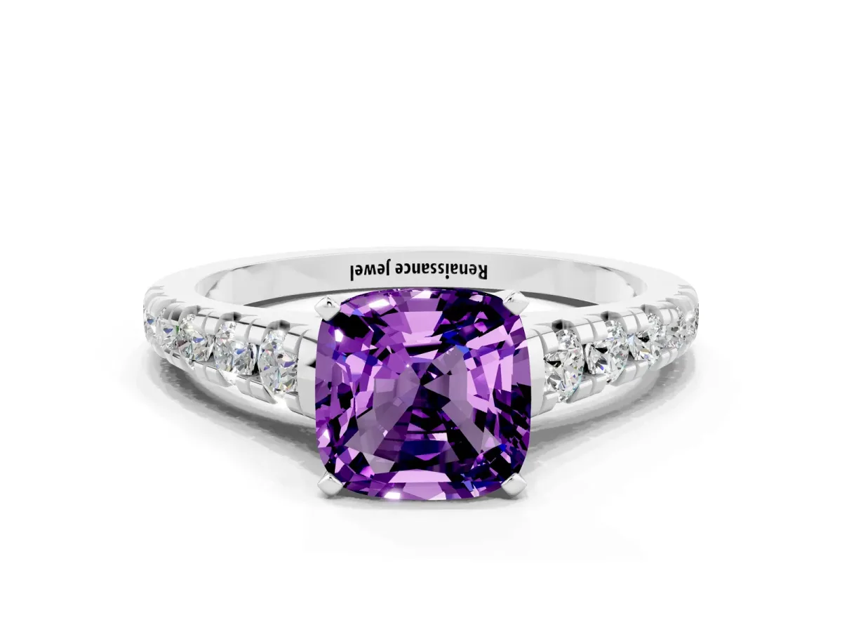 Cushion Cut Amethyst Cathedral Solitaire Ring with Round Pavé Band Silver