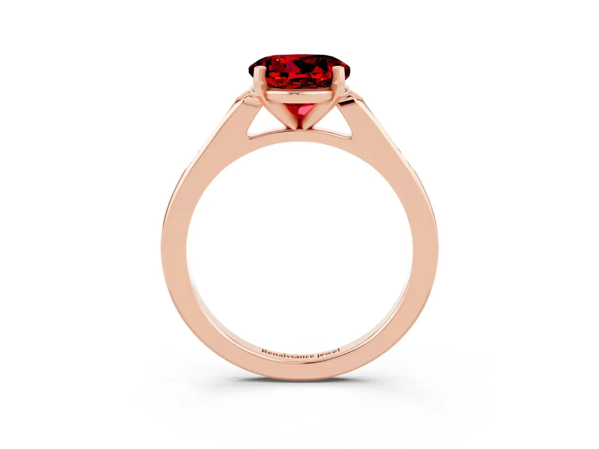 Round Cut Ruby Solitaire Ring with Channel Set Round Band and Prong Setting Rose gold