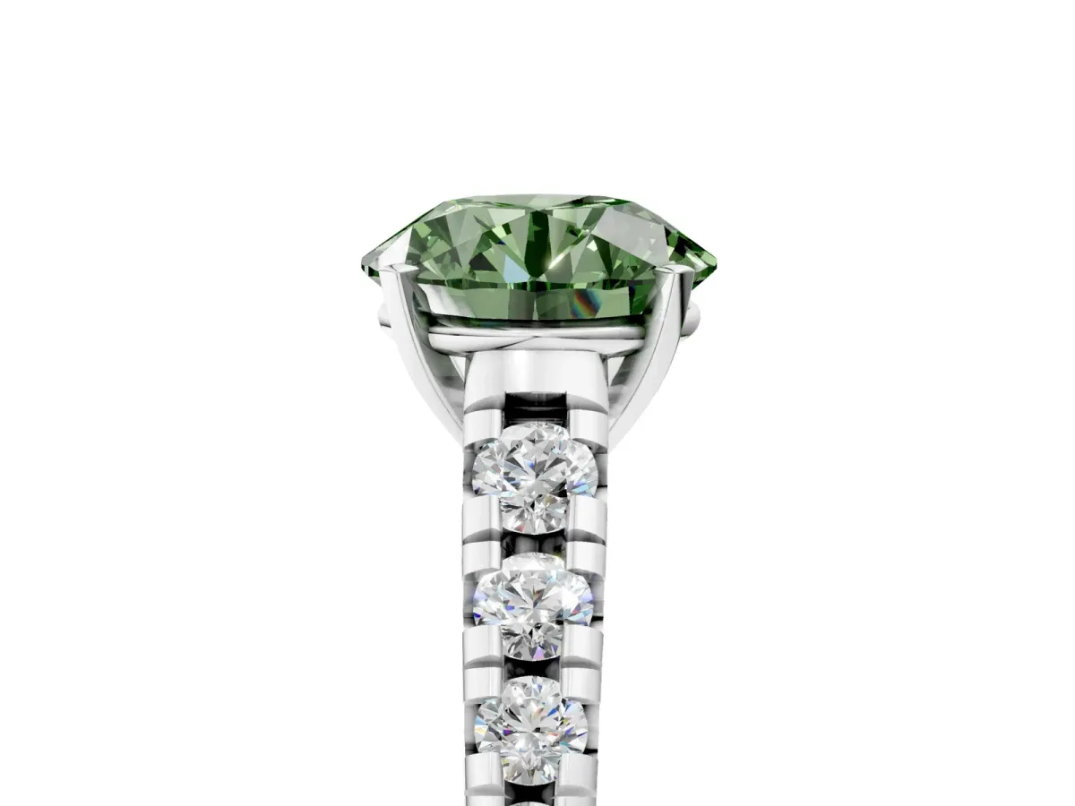 Fancy Green Round Cut Diamond Cathedral Solitaire Ring with Round Pavé Band Platinum