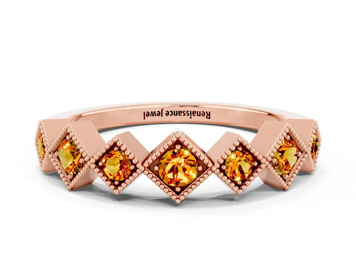 Milgrain Square Bezel Round Citrine Chevron Band Rose gold