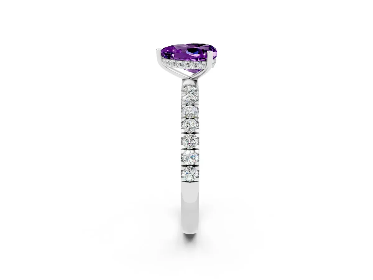 Heart Cut Amethyst Pave Band Solitaire Ring with Round and Prong Setting Platinum