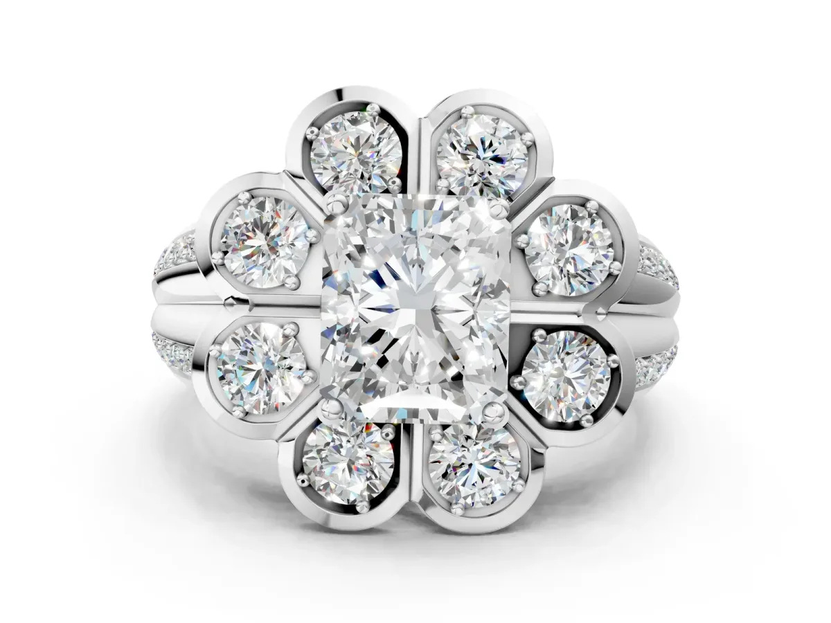 Radiant Cut Brilliant Flower Halo Diamond Split Shank Ring Platinum