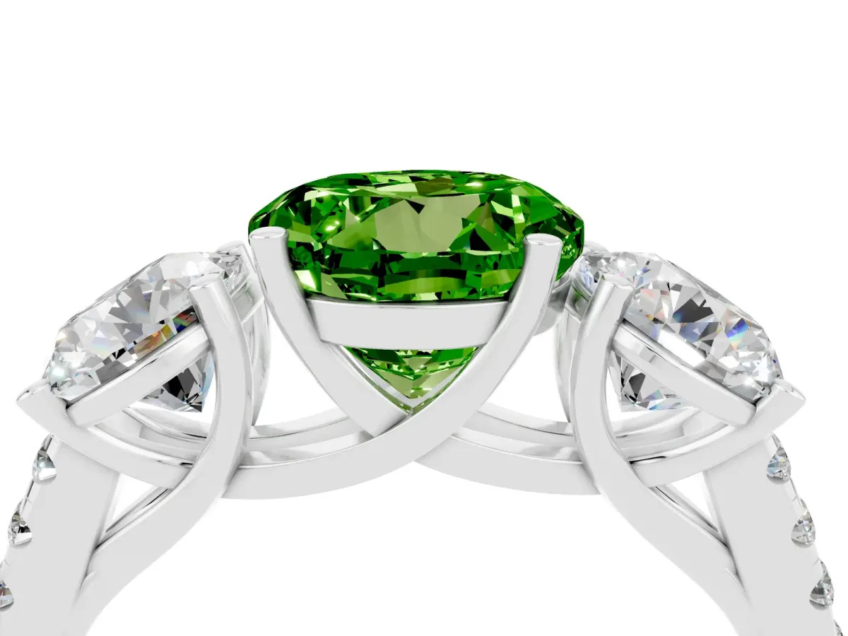 Three-Stone Round Cut Peridot Ring with Round Pavé Band and Prong Setting Silver