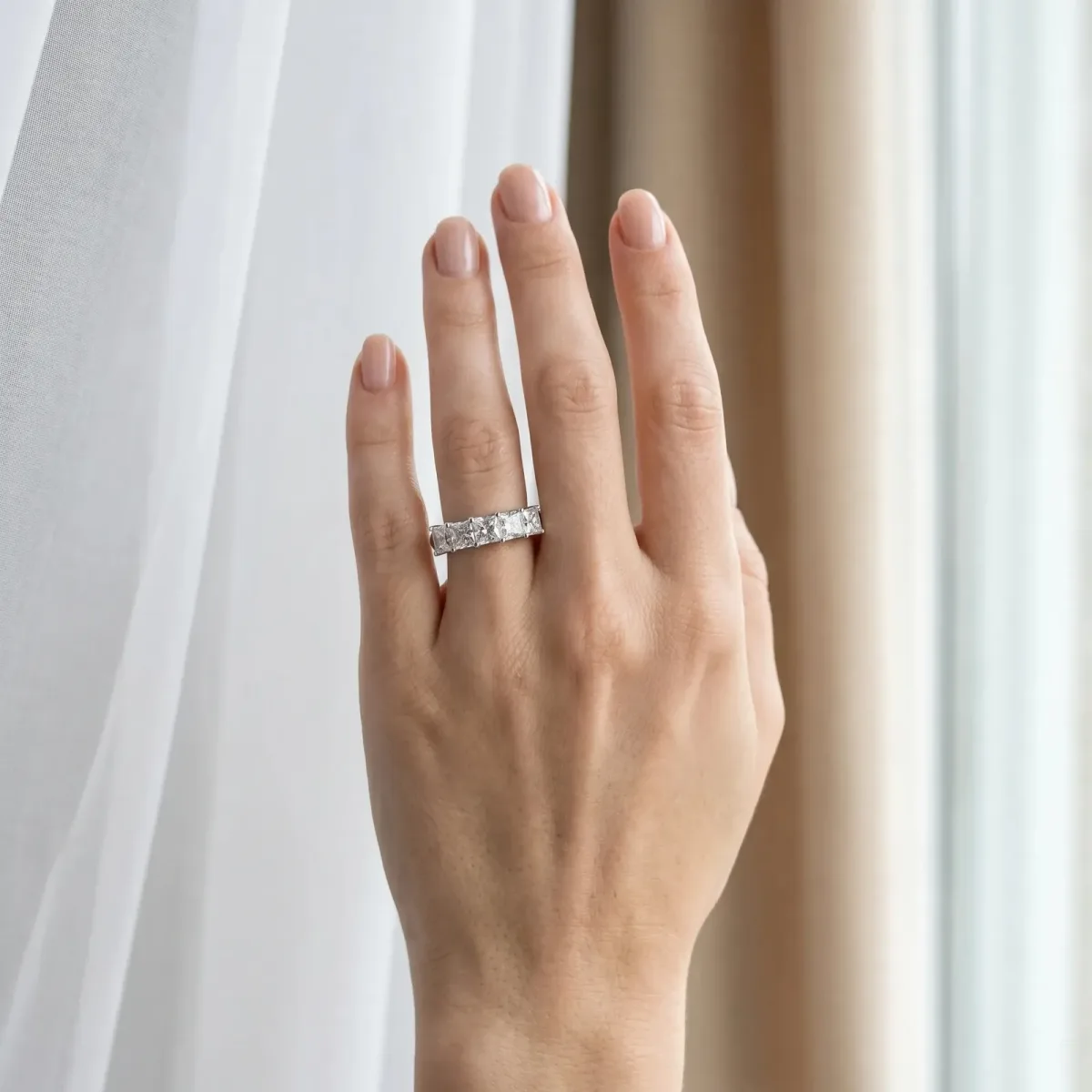 Princess Cut Five-Stone Diamond Band with Prong Setting Silver
