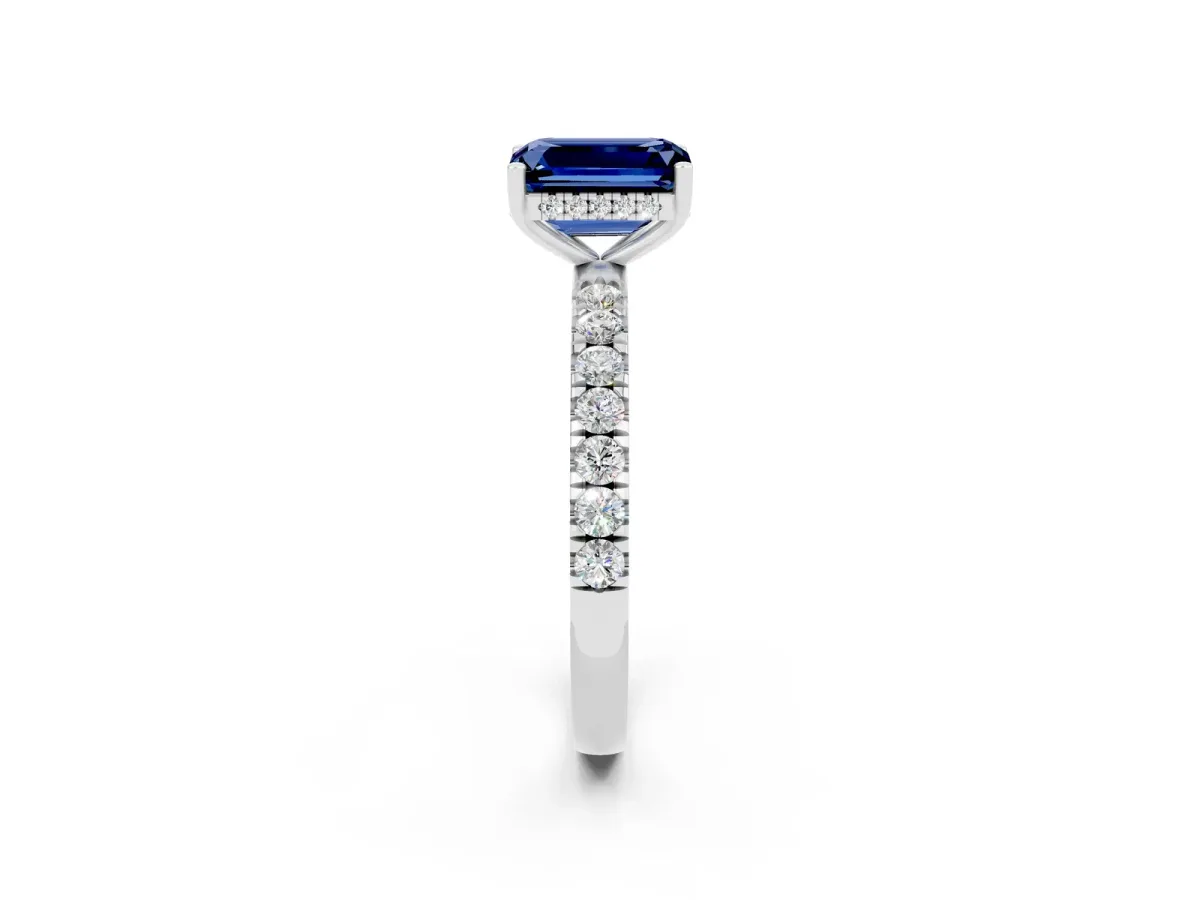 Emerald Cut Blue Sapphire Pave Band Solitaire Ring with Round and Prong Setting Platinum