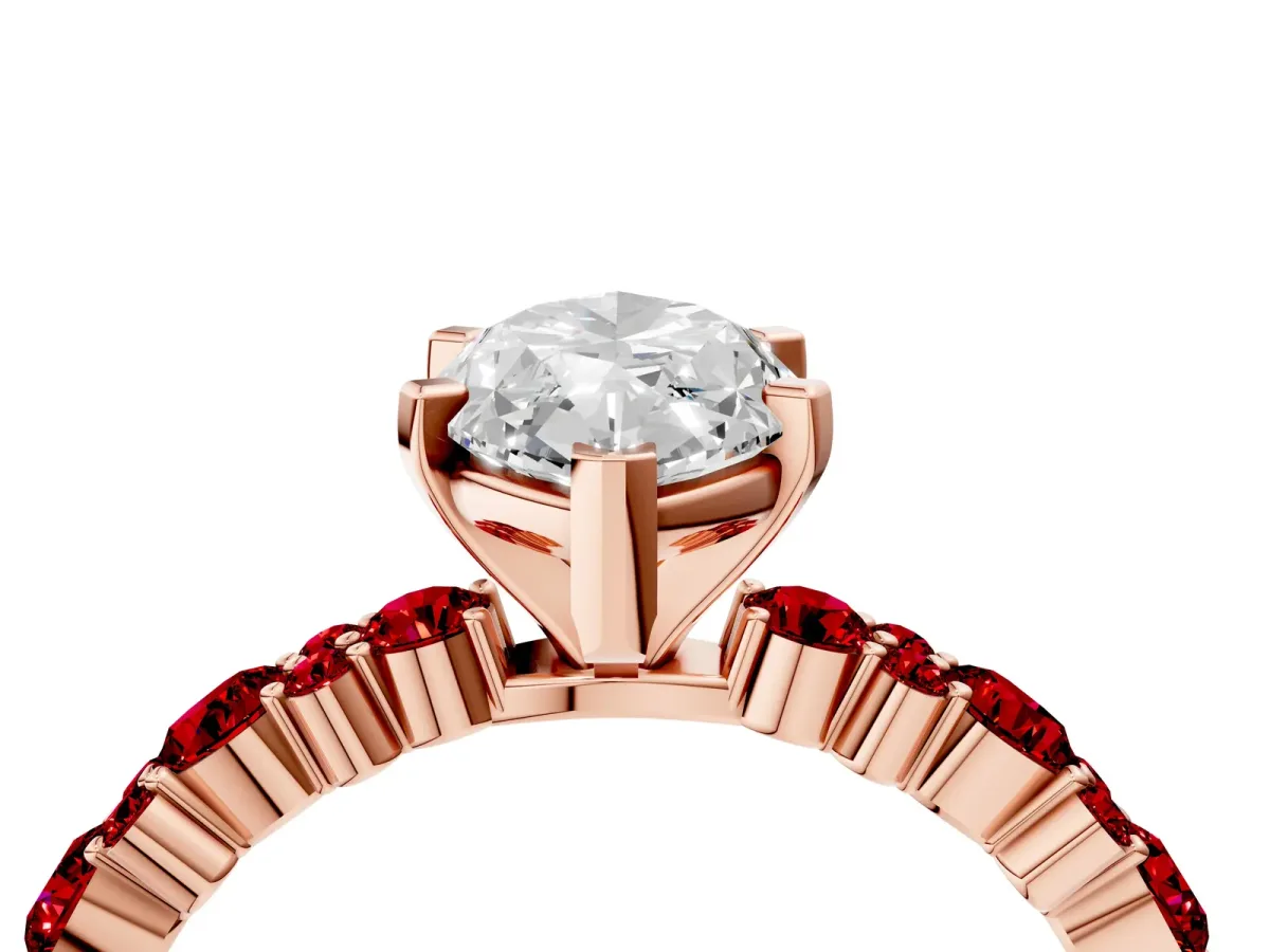Marquise Cut Diamond Side Stone Solitaire Ring with Round Ruby and Four-Prong Setting Rose gold