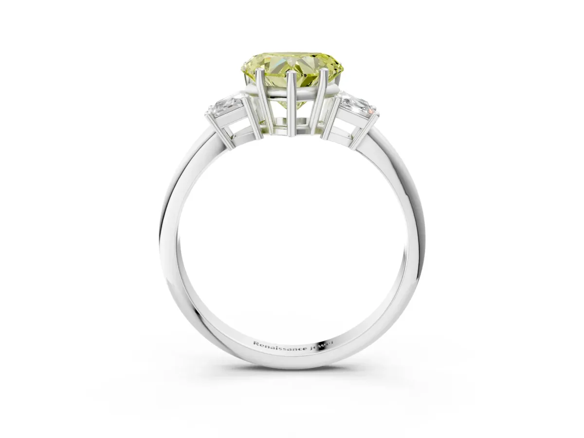 Fancy Yellow Heart Cut Diamond Three-Stone Ring with Trapezoid Side Stones and Prong Setting Silver