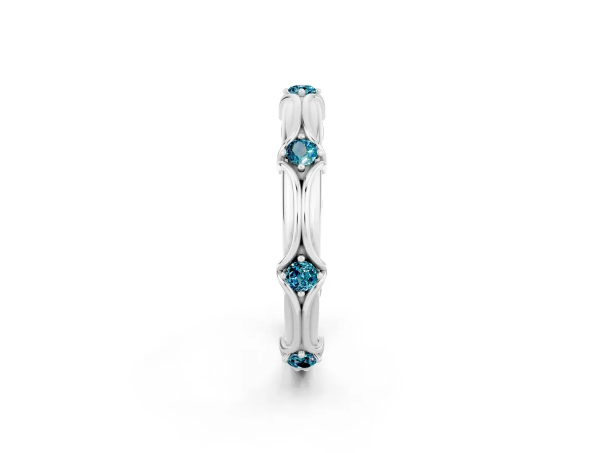 Round Blue Topaz Prong Set Milgrain Eternity Band Platinum